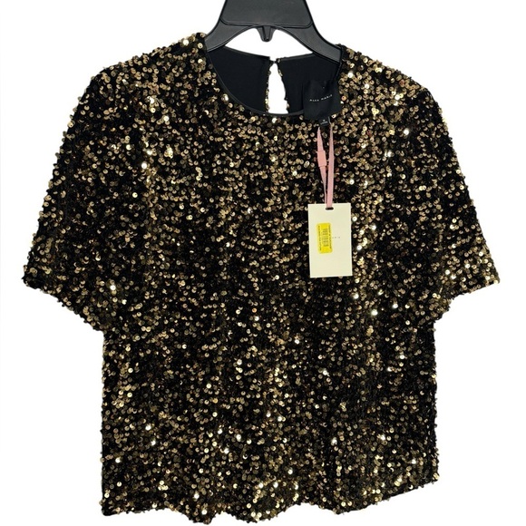 NWT Alex Marie Lia Gold Sequins Embroidered Crew Neck Short Sleeve Blouse Size S - Picture 2 of 11